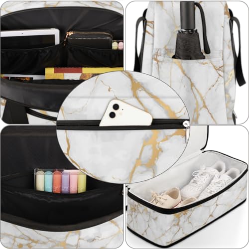 Travel Duffle Bags With Shoes Compartment for Women Men White Gold Marble Lightweigh Sports Tote Gym Bag Marble Foldable Canvas Weekender Overnight Carry On Luggage Handle Bag - color: Z01:White Gold Marble