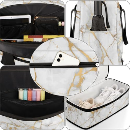 Travel Duffle Bags With Shoes Compartment for Women Men White Gold Marble Lightweigh Sports Tote Gym Bag Marble Foldable Canvas Weekender Overnight Carry On Luggage Handle Bag - color: Z01:White Gold Marble