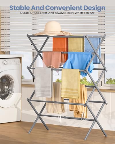APEXCHASER Oversize Clothes Drying Rack, 3-Tier Drying Rack Clothing, Expandable Metal Laundry Drying Rack, Air Drying Rack, Clothes Rack, No Install, 24lb Capacity, 14.9" D x 29.3" W x 39.3" H, Grey - color: Gray