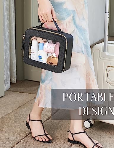 Popvibe Clear Makeup Bag Travel Cosmetic Case Transparent Toiletry Bag with Zipper, Portable Make Up Organizer Traveling Compact Car Bag for Essentials - color: Black, style: Large Luxe