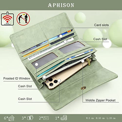 APHISON Womens Wallets RFID Blocking Leather Clutch Long Wallet for Women Card Holder Phone Organizer Ladies Travel Purse Hollow Out Sunflower Design Gift - color: GREEN