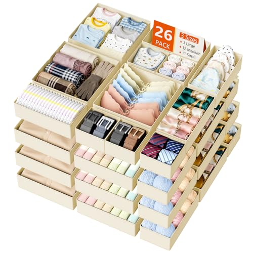 DIMJ Drawer Organizer Clothes- 26 Pack Baby Dresser Organizer for Nursery, Small Fabric Closet Drawer Organizer Bins for Underwears Socks, Foldable Storage Dividers Organization for Bedroom - color: Beige, size: 26 Pack