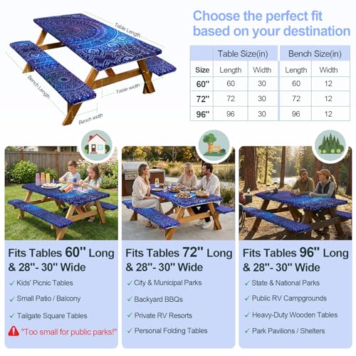 Picnic Table Cover with Bench Covers Camping Essentials Waterproof Windproof Camping Tablecloth with Drawstring Bag, Fitted Rectangle Tables and Seats, 60in, Blue Purple - color: Blue Purple, size: 60in
