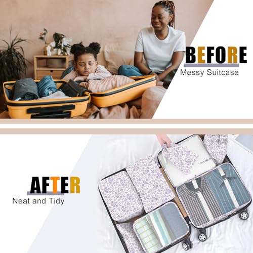 Packing Cubes for Travel - 8 Set Luggage Organizer Bags for Family, Mesh Breathable Packing Cubes for Suitcases Durable Travel Essentials Bags Set - color: Purple Floral