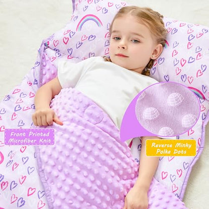 Lasoftan Toddler Nap Mat with Pillow and Blanket, Extra Large Rolled Napping Mats,Slumber Bags for Boys Girls,Kids Sleeping Bag for Daycare, Preschool Travel Camping - color: Rainbow
