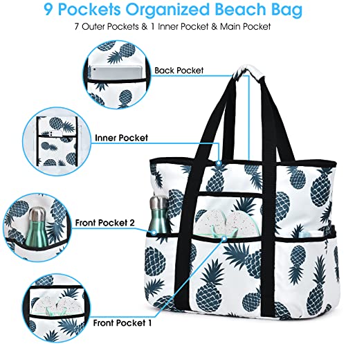 Becokan Beach Bags for Women Large Beach Tote Bag with Zipper Pockets Beach Bag Waterproof Sandproof Travel Nurse Tote Bag - color: Blue Pineapple