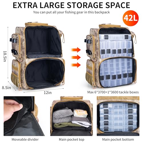 Rabjen Fishing Tackle Backpack with Rod Holders, Bottle Holder, Storage Bag Store Fishing Gear - color: Camouflage Khaki