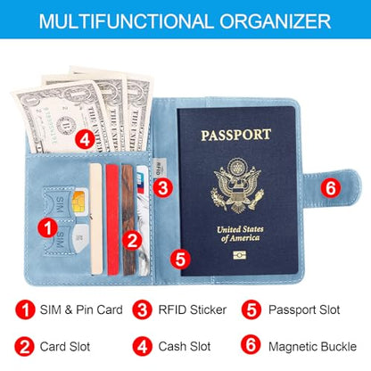 Passport Holders, RFID Blocking Credit Card Holder, PU Leather Vaccine Card Holders for Travel with Magnetic Buckle, Travel Must Haves Cruise Ship Essentials for Men, Women (Blue) - color: Blue