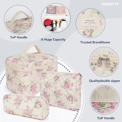 honitty Makeup Bag,Quilted Cosmetic Bags,Large Floral Make Up Organize bag,Makeup Bag Set for Women,Flower Travel Toiletry Bag - color: Pink