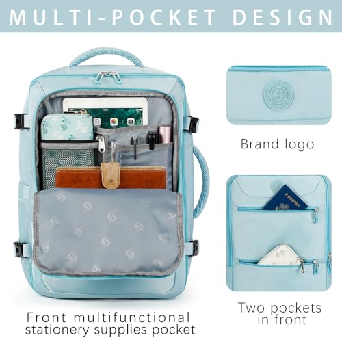 SHRRADOO Travel Backpack for Women & Men,Airline Approved Carry On Luggage,TSA Overnight Bags,40L Personal Item Travel Bag fits 17" Laptop,Carry on Bag with Storage Bag Cosmetic Bag Set 3pcs - color: Light Blue