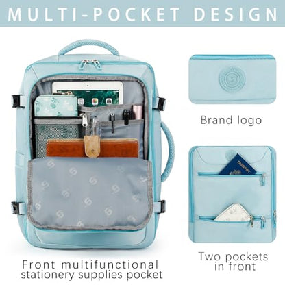 SHRRADOO Travel Backpack for Women & Men,Airline Approved Carry On Luggage,TSA Overnight Bags,40L Personal Item Travel Bag fits 17" Laptop,Carry on Bag with Storage Bag Cosmetic Bag Set 3pcs - color: Light Blue