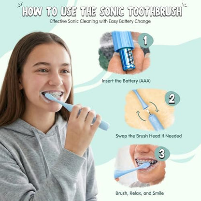 Braces Care Essentials with Sonic Toothbrush, Orthodontic Wax and Floss Picks for Daily Braces Cleaning and Comfort for Kids, Teens and Adults
