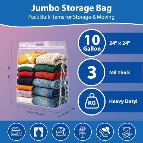10 Gallon Jumbo Storage Bag with Handle, 3 Pack 24" x 24" Clear Plastic Zipper Bags Heavy Duty, Extra Large Resealable Bag for Seasonal Clothes, Bedding, Linens, Travel, Moving, Sports, Toys, 3 Mil - size: 10 Gallon - 3 Pack