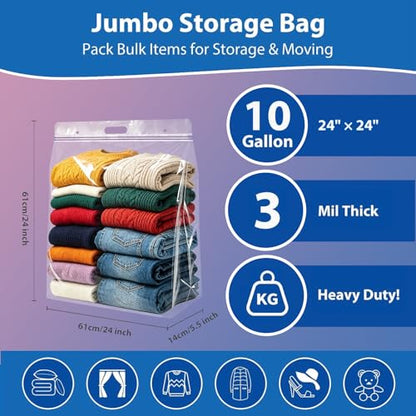 10 Gallon Jumbo Storage Bag with Handle, 3 Pack 24" x 24" Clear Plastic Zipper Bags Heavy Duty, Extra Large Resealable Bag for Seasonal Clothes, Bedding, Linens, Travel, Moving, Sports, Toys, 3 Mil - size: 10 Gallon - 3 Pack