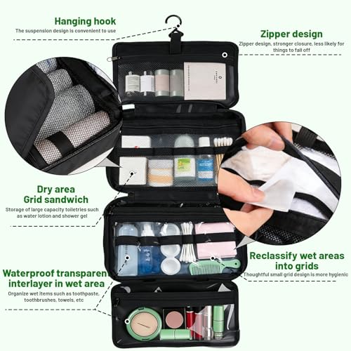 4-Layer Foldable Hanging Toiletry Bag – Large Capacity Travel Organizer with Dry-Wet Separation, Portable Toiletry Kit for 3-5 People (Black) - color: Black