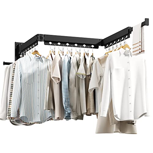 HEILAIYI Wall Mounted Clothes Hanger,Clothes Drying Rack,Laundry Drying Rack,Clothes Rack,Laundry Rack Wall Mount,Retractable Collapsible Drying Rack Clothing (Windproof Holes,with Clips),Black - size: Upgrade-Black / Holes with Clips