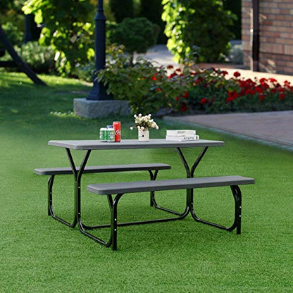GYMAX Picnic Table, Picnic Bench Easy to Assemble w/All Weather Wood Grain Tabletop & Metal Frame, Picnic Tables for Outdoors Camping Backyard Deck Patio Poolside Dining Party - color: Black