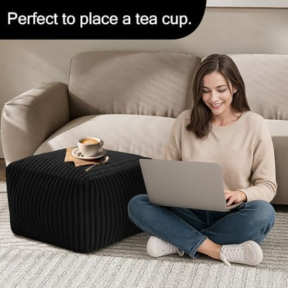 MeMoreCool Square Stuffed Pouf Ottoman Foot Rest, Stripe Furry Floor Pouf Foot Stool with Foam Chunk Filling, Soft Fluffy Stuffed Ottoman Footrest for Living Room, Faux Fur Black - color: Ribbed Black