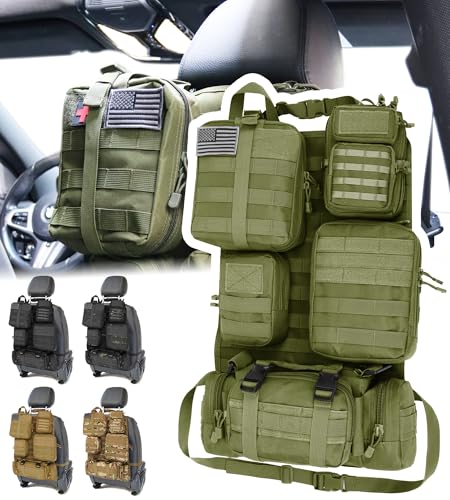 DBTAC Tactical Molle Car Seat Organizer | Vehicle Back Panel with 5X Detachable Pouches, US Flag & Writable Reflective Patch for Cars, Trucks, SUVs, Sedans - color: Green