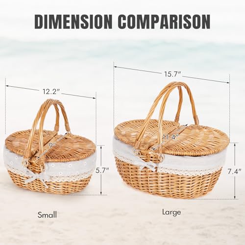 Happypicnic 12" Picnic Basket - Small Wicker Basket with Foldable Handle Lid & Removable Liner | Cute Picnic Basket Toy Empty for Kids, Gift, Halloween, Christmas, Valentines, Easter, Birthday, Flower - color: White Flower, size: Small