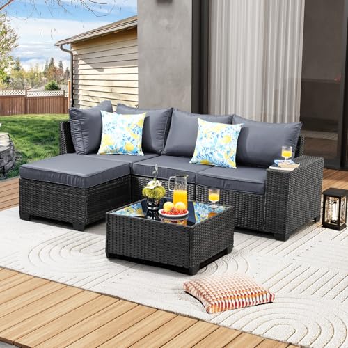 JOYURE 5 Pieces Patio Furniture Set All-Weather Outdoor Wicker Sectional Conversation Sofa Rattan Patio Seating Sofa with Cushion and Glass Table for Porch Poolside,Grey - color: Grey, size: 5 pieces set