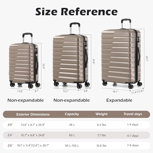 Coolife Luggage Sets, 3 Piece Hard Shell Suitcase Set with Spinner Wheels, Expandable Large Checked Luggage, Lightweight Rolling Carry On with TSA Lock Brown - color: brown, size: 3 Piece Set (20in/24in/28in)