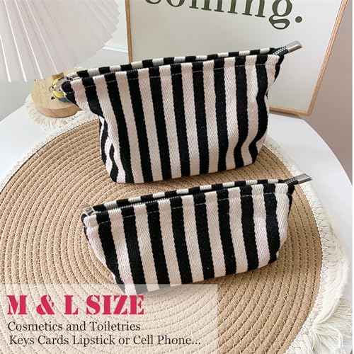 HAPPYHEIDI Small Black White Stripe Makeup Brush Bag Zipper Pouch Women Girls Purse Organizer,Canvas Lined, Premium Zipper - color: Classic Black White Stripes Medium