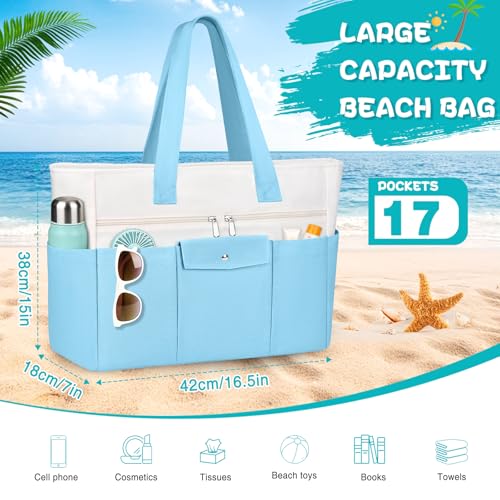 Beach Bags for Women Large Canvas Beach Tote with Zipper Wet Pocket, Waterproof Foldable Swim Pool Travel Tote Bags - color: Light Blue