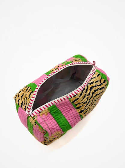 YILLE Set of 3 Pieces Block Printed Travel Organizer Kit Storage Bag for Women Makeup Bag Travel Cosmetic Bag (Pink Green Fat Tiger) - color: Pink Green Fat Tiger