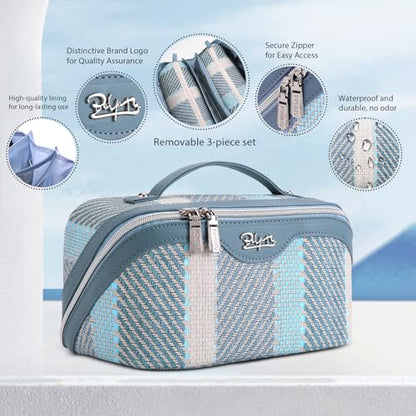 BOYATU Travel Makeup Bag Cosmetic Bag for Women: 3 Pcs Set Make up Bag with Compartments - Waterproof Vegan Leather Toiletry Bags with Handle - Makeup Organizer for Travel Essentials(C-1-Blue) - color: C-1-Blue