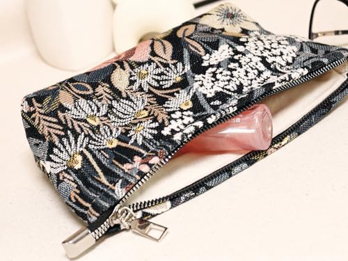 HAPPYHEIDI Cute Floral Makeup Bag Cosmetic Travel Pouch with Bottom and Zipper, Purse Make Up Organizer, Aesthetic Textured Fabric, Medium - color: Classic Black Floral Medium