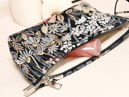 HAPPYHEIDI Cute Floral Makeup Bag Cosmetic Travel Pouch with Bottom and Zipper, Purse Make Up Organizer, Aesthetic Textured Fabric, Medium - color: Classic Black Floral Medium