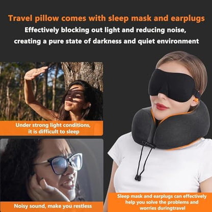 Ergonomic Travel Pillow with Memory Foam Core, Washable Cover & Kit for Airplane and Car