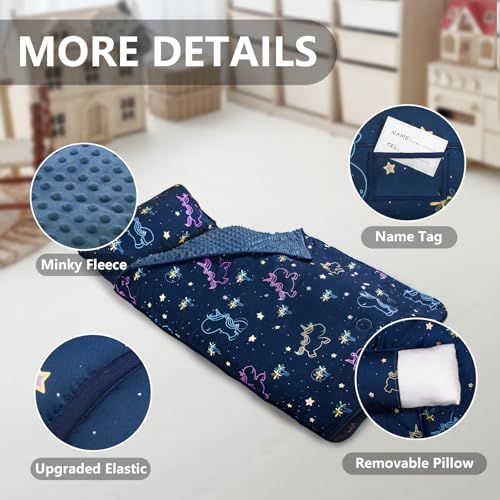 Primlect Thickened Toddler Nap Mat with Removable Pillow and Minky Blanket, Extra Large 55''x35'' Sleeping Bag, Washable, Roll up, Perfect for Daycare, Preschool, Kindergarten, Boys and Girls - color: navy blue