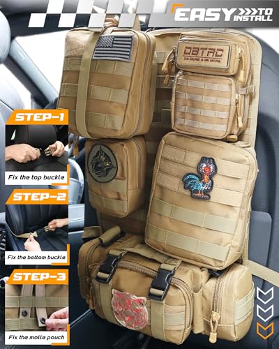 DBTAC Tactical Molle Car Seat Organizer | Vehicle Back Panel with 5X Detachable Pouches, US Flag & Writable Reflective Patch for Cars, Trucks, SUVs, Sedans - color: Camo