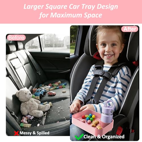 Car Seat Snack Tray for Kids, Mess-Free Square Travel Tray Cup Holder Snack Tray, Durable Car Food Tray for Toddlers, Universal Fit Kids Travel Road Trip Essentials (1, Pink) - color: pink