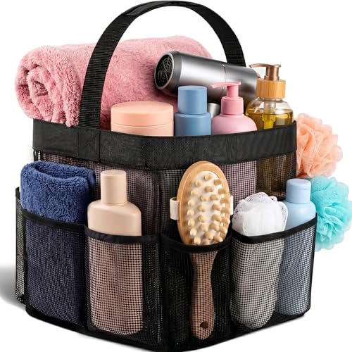 Masirs Shower Caddy Mesh - 9 Pocket Portable Bathroom Organizer Tote for Travel, Gym & Dorm - Collapsible Small Shower Caddy Bag to Hold Toiletries & Essentials (Black) - color: Black