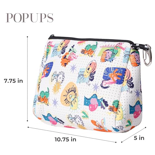 POPUPS Large Makeup Bag with Zipper - Waterproof Neoprene Cosmetic Bag 7.7 x 10.75 x 5 inches - color: Print Construyendo Futuros White