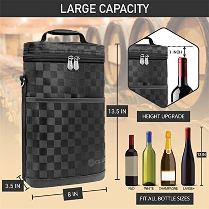 opux 2 Bottle Wine Carrier Tote, Insulated Leakproof Wine Cooler Bag, Wine Travel Bag Tote for Picnic BYOB Beach, Portable Wine Bottle Carrying Case, Gift for Wine Lover Women Men Christmas - color: Checkered Black