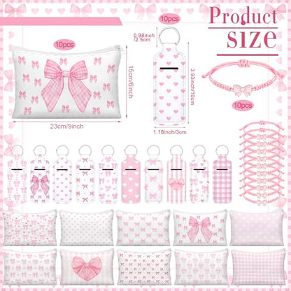Hillban 30 Pcs Pink Bow Party Favors 10 Coquette Canvas Makeup Bags 10 Pink Bow Lipstick Keychains Holder and 10 Braid Bracelets Gift Bulk for Women Guests Coquette Birthday Party Decorations Supplies