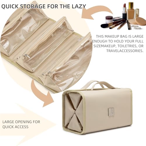 ROYALFAIR Roll Up Makeup Bag, Travel Toiletry Bag for Women with 4 Clear TSA Approved Pouches, Hanging Travel Organizer, Folding Cosmetic Bag for Men and Women - color: khaki