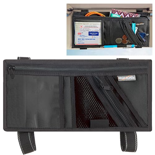 High Road Car Visor Organizer with Secure Zip Pockets, Sunglasses Holder and Clear Registration and Insurance Pocket - Heavy Duty Straps Fit Most Car, SUV and Truck Visors