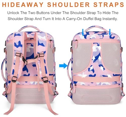 Lumesner Carry on Travel Backpacks, Extra Large 40L Flight Approved for Men & Women,Expandable Suitcase backpack (Camouflage Pink(Backpack With 4 Packing Cubes)) - color: Camouflage Pink