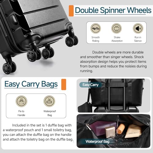 Hoteel Luggage Sets 3 Piece, 4-Yr Warranty, PC+ABS Hard Shell Expandable Suitcases with Wheels, TSA Aproved Lock and Carry on Bags, Travel Suit Case Set for Men and Women, (3-Piece, Black) - color: Black, size: 3 Piece Set (Expandable 20/DB/TB)