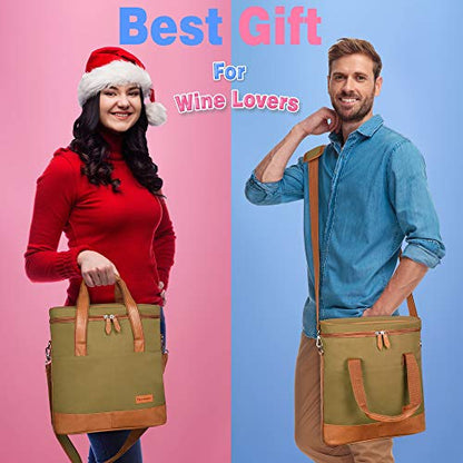 Tirrinia Insulated Wine Gift carrier - 3 Bottle Travel Padded Wine Carry Cooler Tote Bag with Handle and Adjustable Shoulder Strap, Khaki - color: Khaki