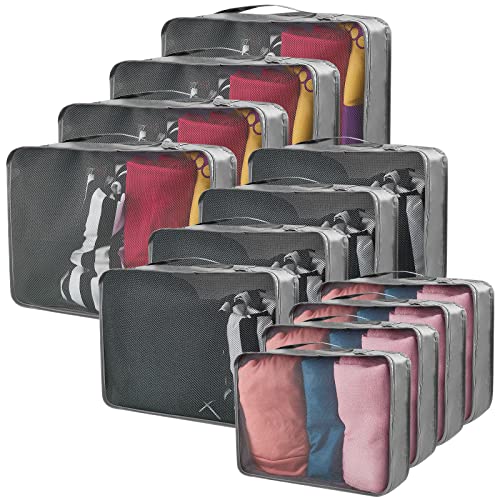 Silkfly 12 Pcs Packing Cubes for Suitcase Travel Luggage Bags Bulk Mesh Organizer Set for Hiking Camping Backpacking Clothes Accessories (Gray,XL, L, M Size) - color: Gray, size: XL, L, M