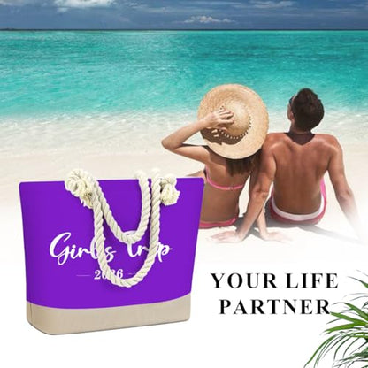 Fokongna Tote Bag For Women, Beach Bag Best Friend Travel Birthday Gifts, Travel Parties Vacation Shopping Essentials - color: Girls Trip Purple