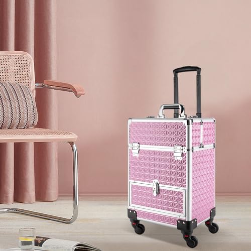 3in1 Rolling Makeup Train Case,Aluminum Trolley Case with 360° Rotation Wheels for Professional Salon Barber Traveling Cart Trunk Cosmetic Beauty Storage (Pink 18.5in) - color: Pink 18.5in