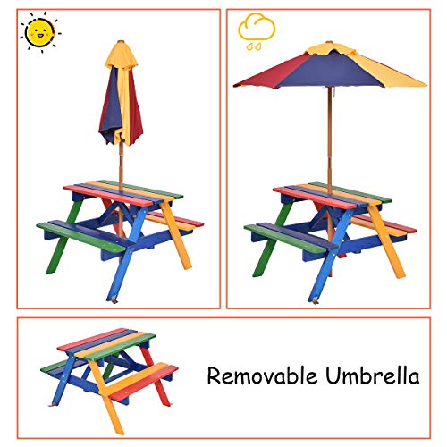 Costzon Kids Picnic Table Set, Colorful Wood Picnic Table and Benches with Removable/Folding Umbrella, Children Rainbow Bench Outdoor Patio Set