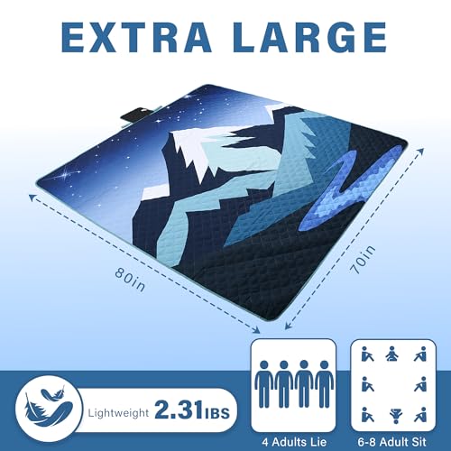 Tirrinia Picnic Blanket Waterproof, 70"x80" Extra Large Outdoor Blanket Waterproof, 3-Layer Foldable Picnic Mat with Sandproof Backing for Beach, Camping, Hiking, Park, Travel - color: Navy Mountain